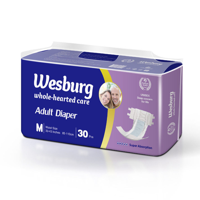 Wesburgcare قسط حفاضات الكبار عينة ML XL حفاضات الكبار لينة القناة المضادة للنمط النسيج SAP نوع مزدوج قابل للتعديل
