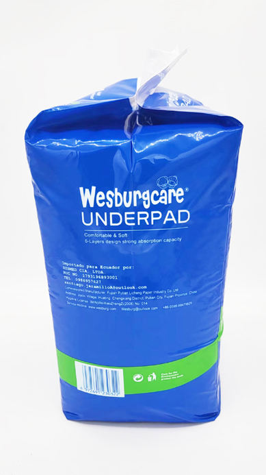 عناية شخصية يمكن التخلص منها 60 * 90 وسادة سفلي من ماركة Wesburgcare ذات قلب امتصاص قوي من لب الخشب بالولايات المتحدة الأمريكية