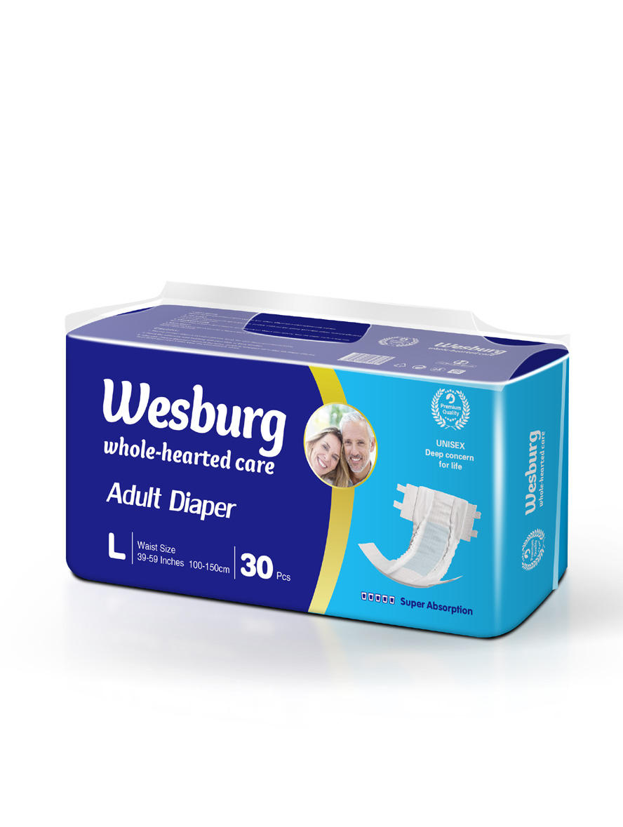 Wesburgcare قسط حفاضات الكبار عينة ML XL حفاضات الكبار لينة القناة المضادة للنمط النسيج SAP نوع مزدوج قابل للتعديل