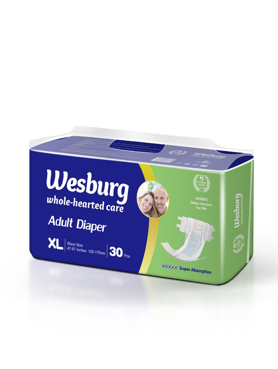 Wesburgcare قسط حفاضات الكبار عينة ML XL حفاضات الكبار لينة القناة المضادة للنمط النسيج SAP نوع مزدوج قابل للتعديل